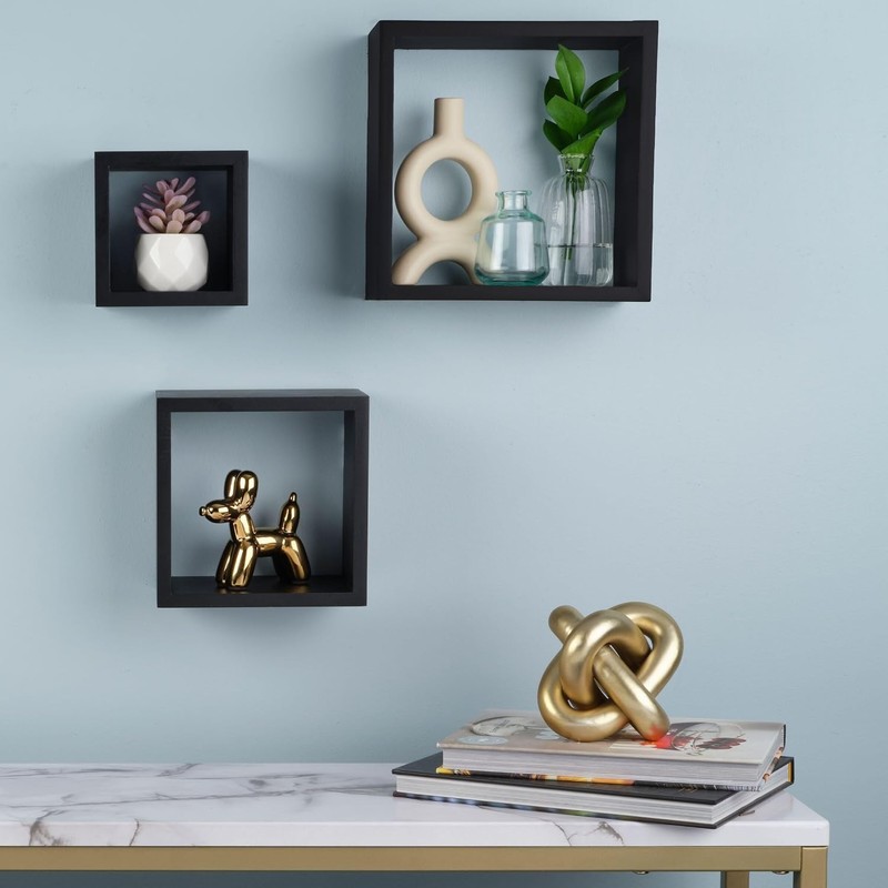 Floating Wall Square Cube Shelves for Bedroom,Living Room,Bathroom,Set of 3Black gallery