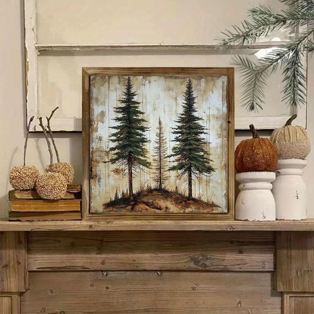 Rustic Framed Pine Tree Art Vintage Forest Landscape Farmhouse Wooden Wall Decor gallery