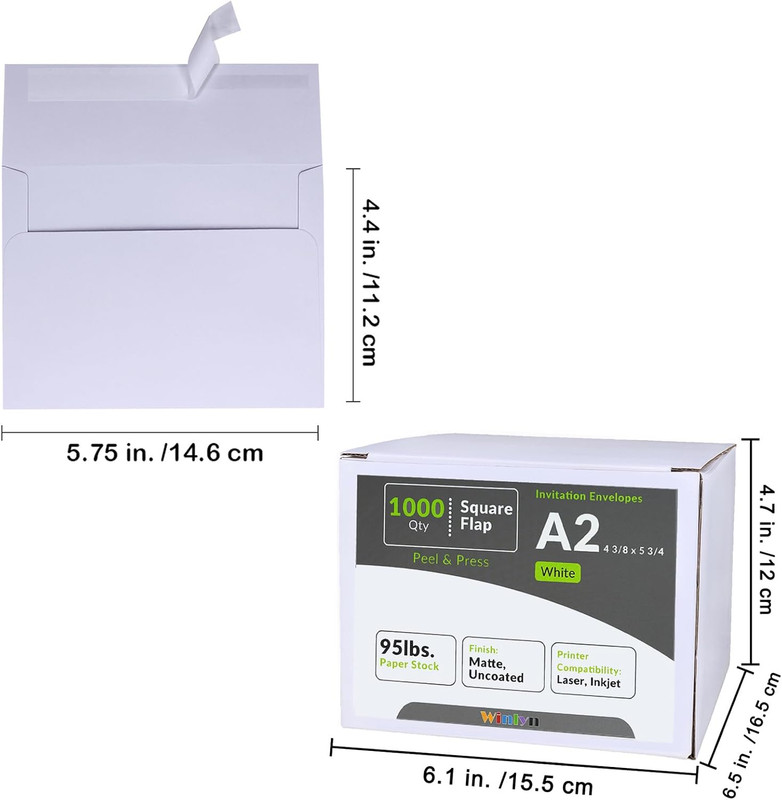 1000 Pcs White A2 Invitation Envelopes, Peel & Press Self Seal, 4 3/8 X 5 3/4 Sq gallery
