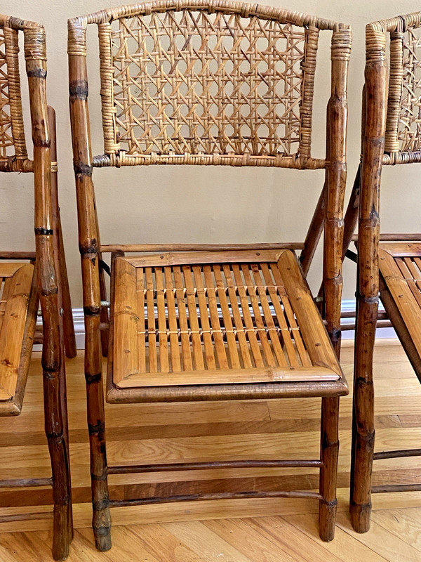 Vintage Tortoise Shell Bamboo Cane Back Fold Up Dining Chair 34” X 18” MCM Rare gallery