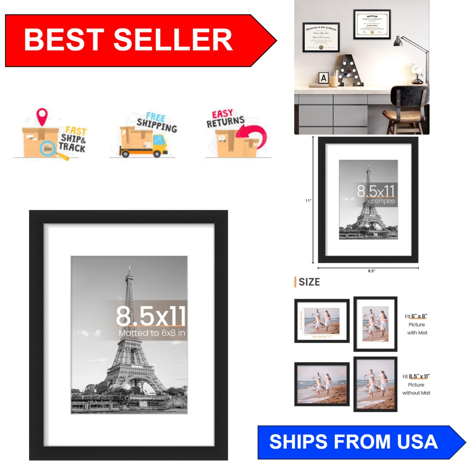 Classic Wall-Mounted Black Picture Frame 8.5x11: Ideal for Stunning Displays gallery