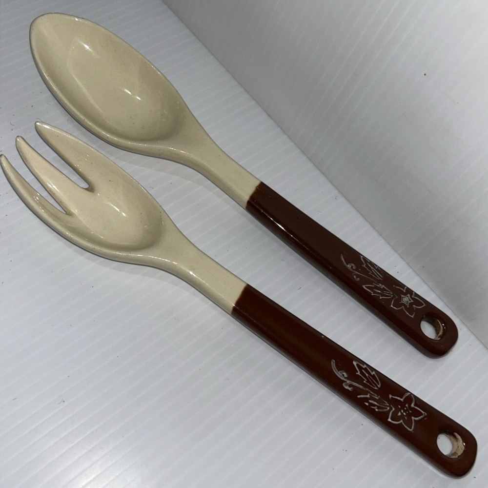 Russel Wright Fork and Spoon Salad Set Woodfield Brown Handle