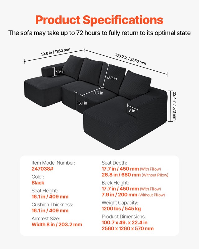 Modular Sectional Sofa U Shaped Cloud Couch with Chaise and Cushion Black gallery