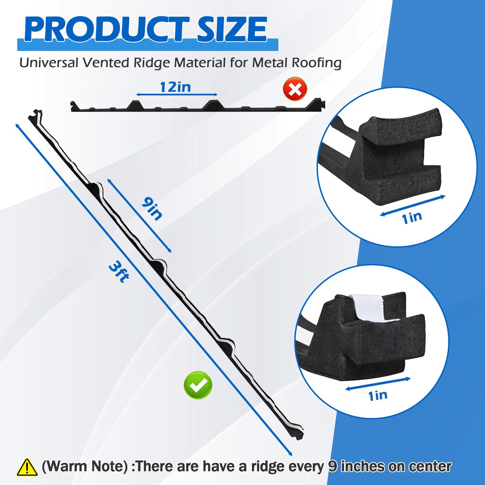 9 in Classic Rib Profile Foam Closure Strips with Self-Adhesive for Metal Roofin gallery