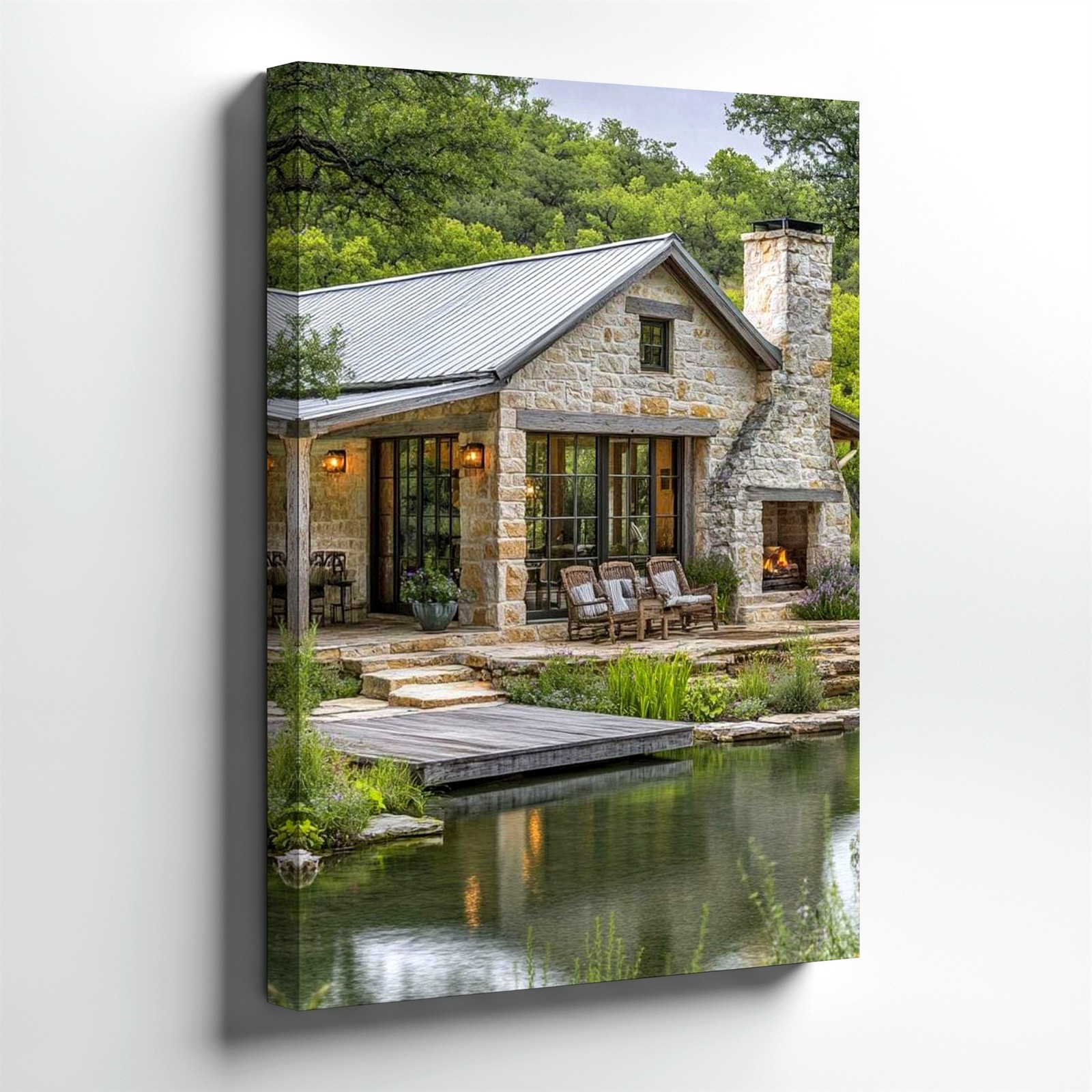Wall Art Rustic Stone Cottage Pond Landscape Print Cabin Lake House Home Decor gallery