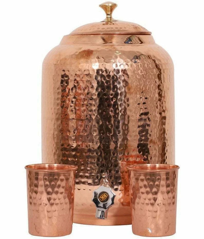 100% Pure Copper Dispenser Handmade Water Pitcher Pot 4L With 2 Serving Glass gallery