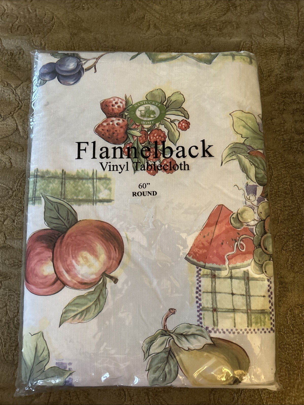 Nantucket Home 60" Round Vinyl Tablecloth Flannel Back Fruit 152 Cm Wipe Clean gallery