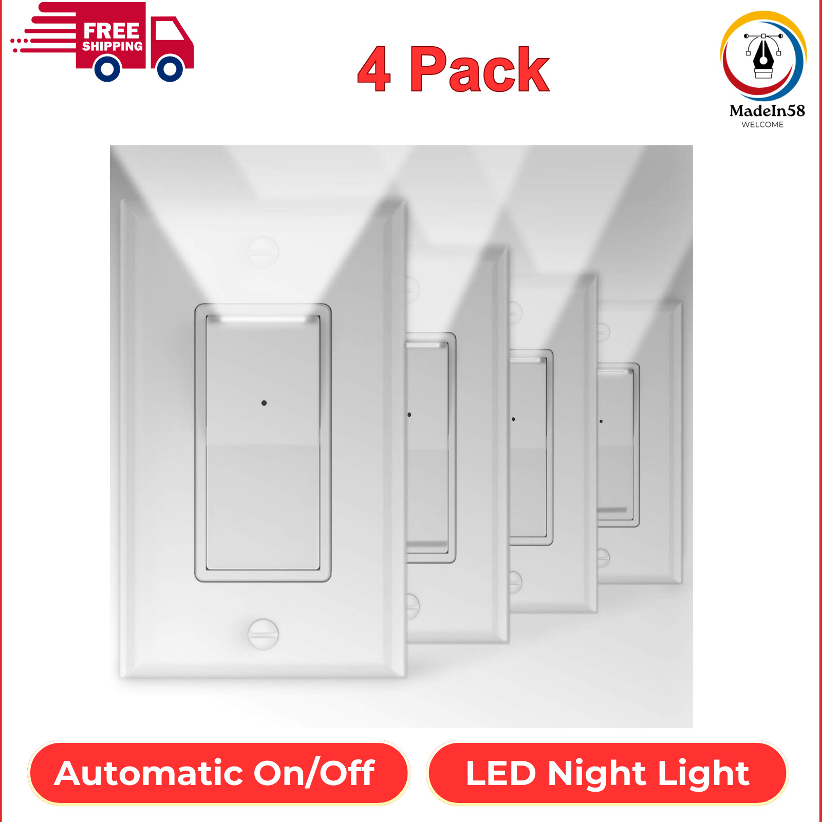 4 Pack Illuminated Light Switch, Lightswitch W LED Night Light, Automatic On/Off gallery