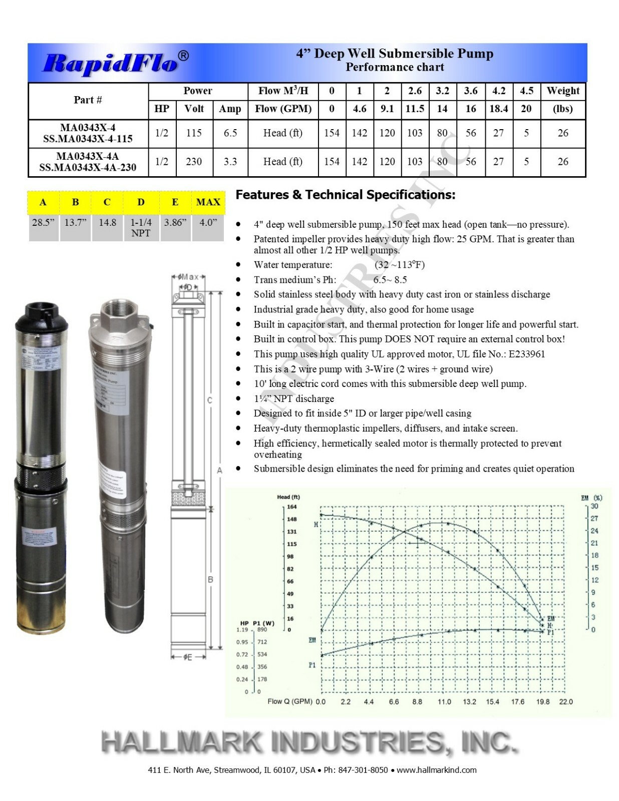 Submersible Pump, Deep Well, 1/2HP, 220V, 25 GPM, 4", all S.S gallery