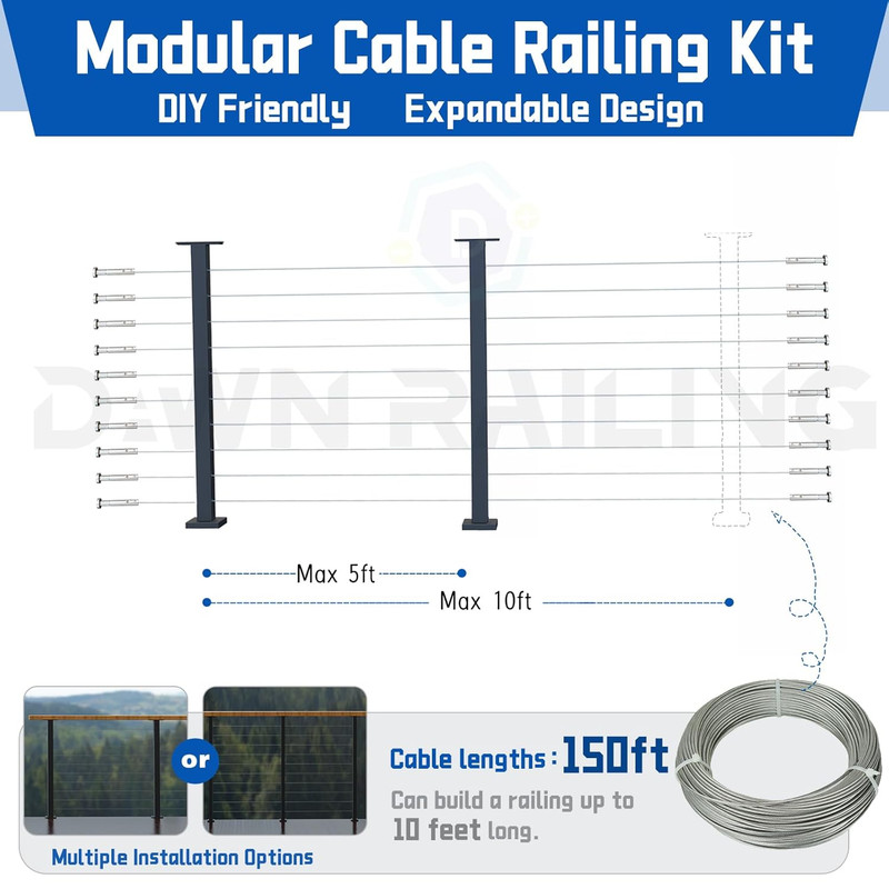 5-10FT Deck Cable Railing Kit, 2 Pack 36" Level Post with 150FT Cable, Swageless gallery
