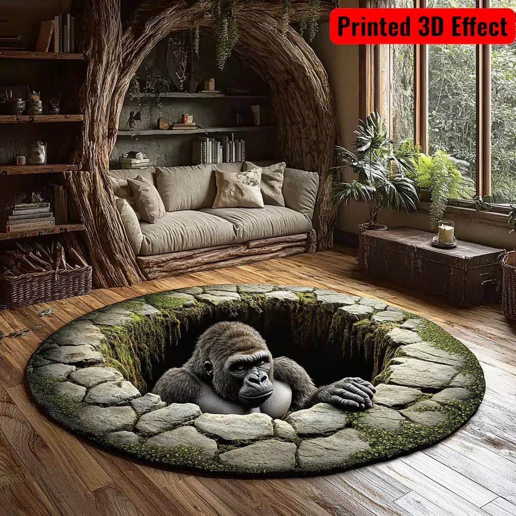 3D Bigfoot Illusion Round Rug, Funny Sasquatch Hole Floor Mat Home Decor Art gallery