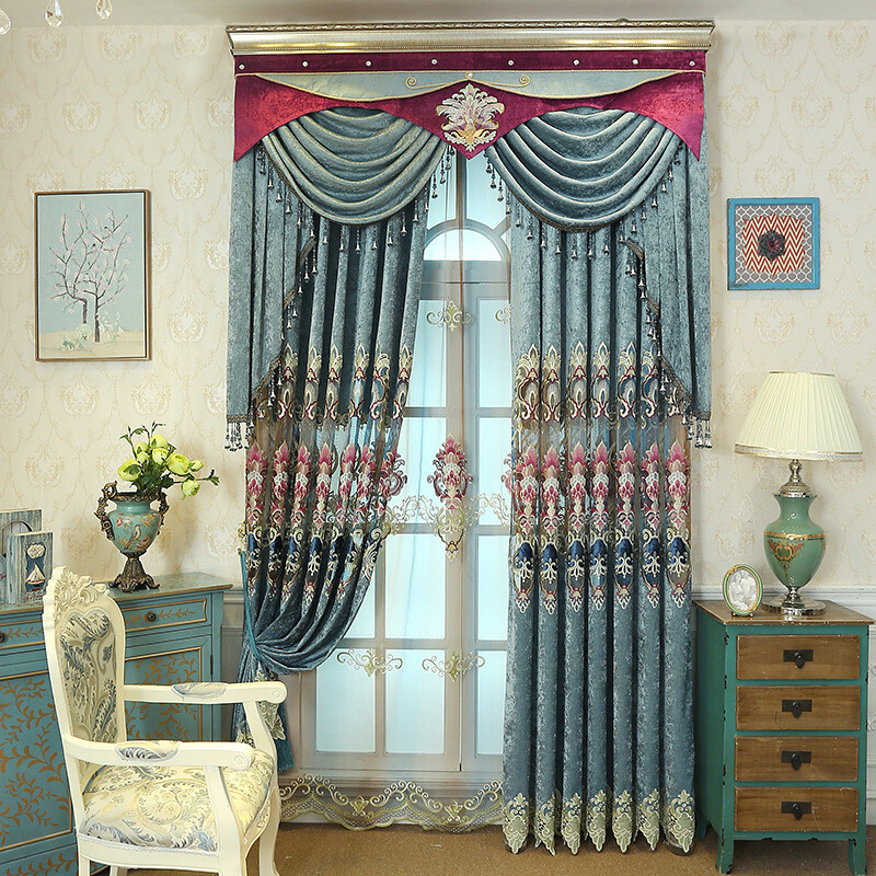 Custom Chenille embroidered living room blue cloth curtain valance drape C1682