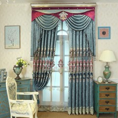 Custom Chenille embroidered living room blue cloth curtain valance drape C1682