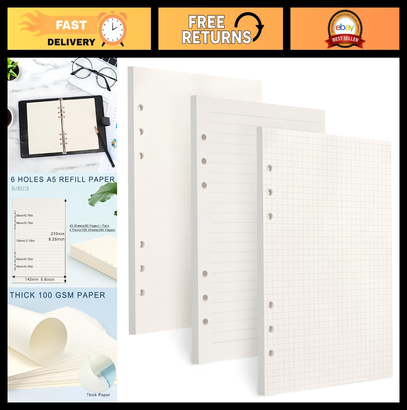 "100GSM Thick 6-Hole Refill Paper - 3 Pack, 135 Sheets for 6 Ring Binder Journal gallery