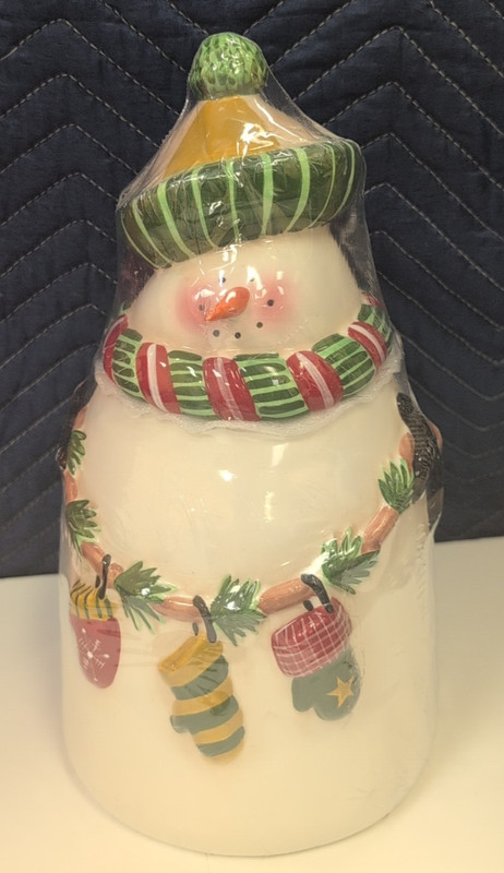 Cookie Jar, Oneida, Porcelain, Snowman, Xmas Theme, New w/plastic wraping No Box gallery