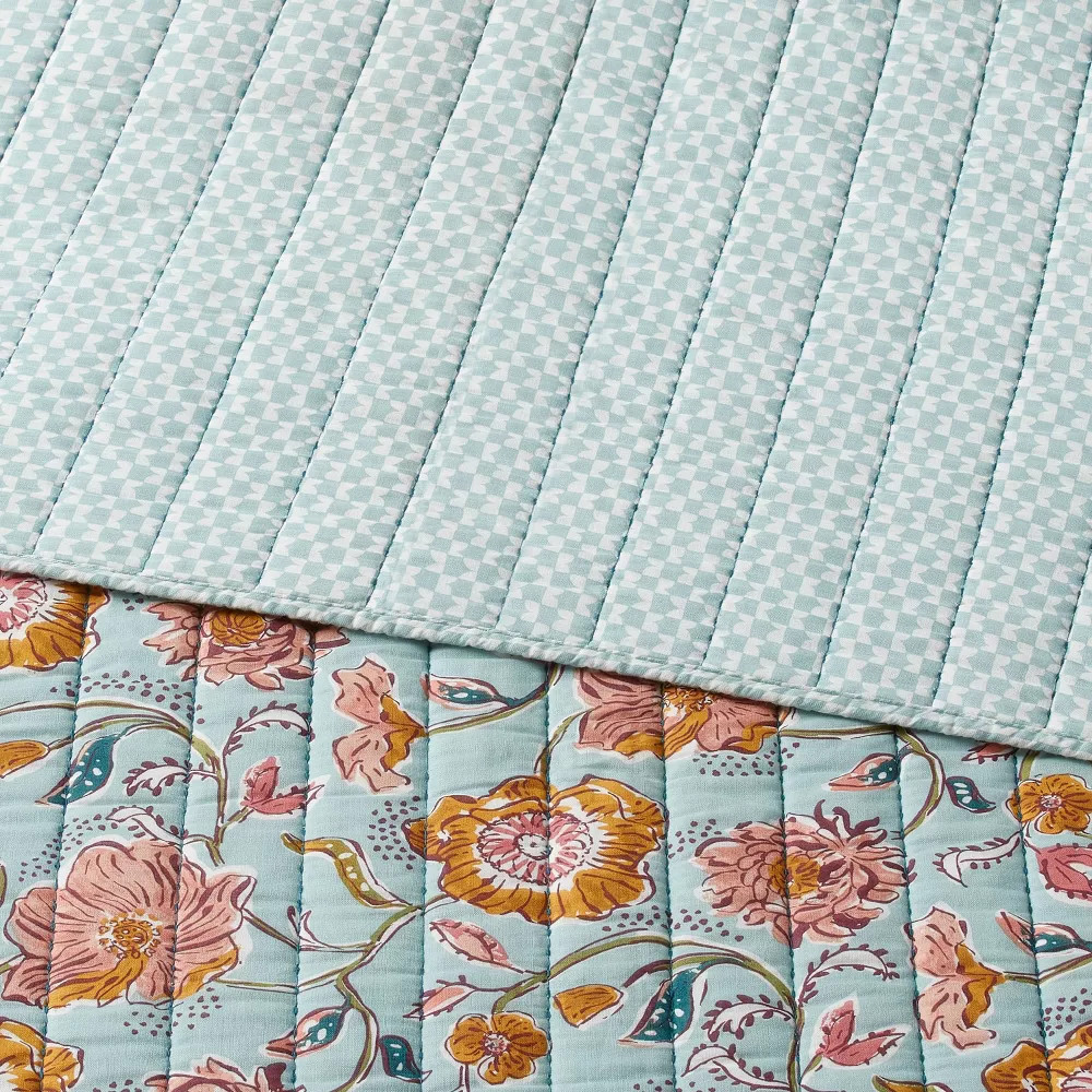 Full/Queen Earthy Vines Quilt Light Teal Blue/Mustard Yellow/Light Pink Floral gallery