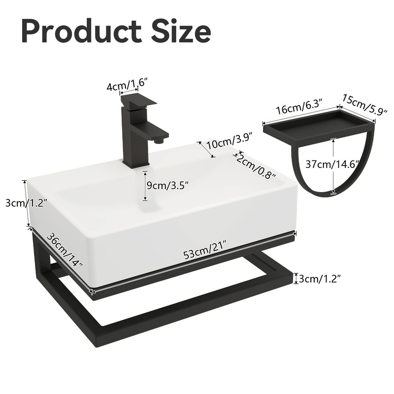 21" White Wall Mounted Vessel Sink Floating Ceramic Basin Bowl w/ Bracket Faucet gallery
