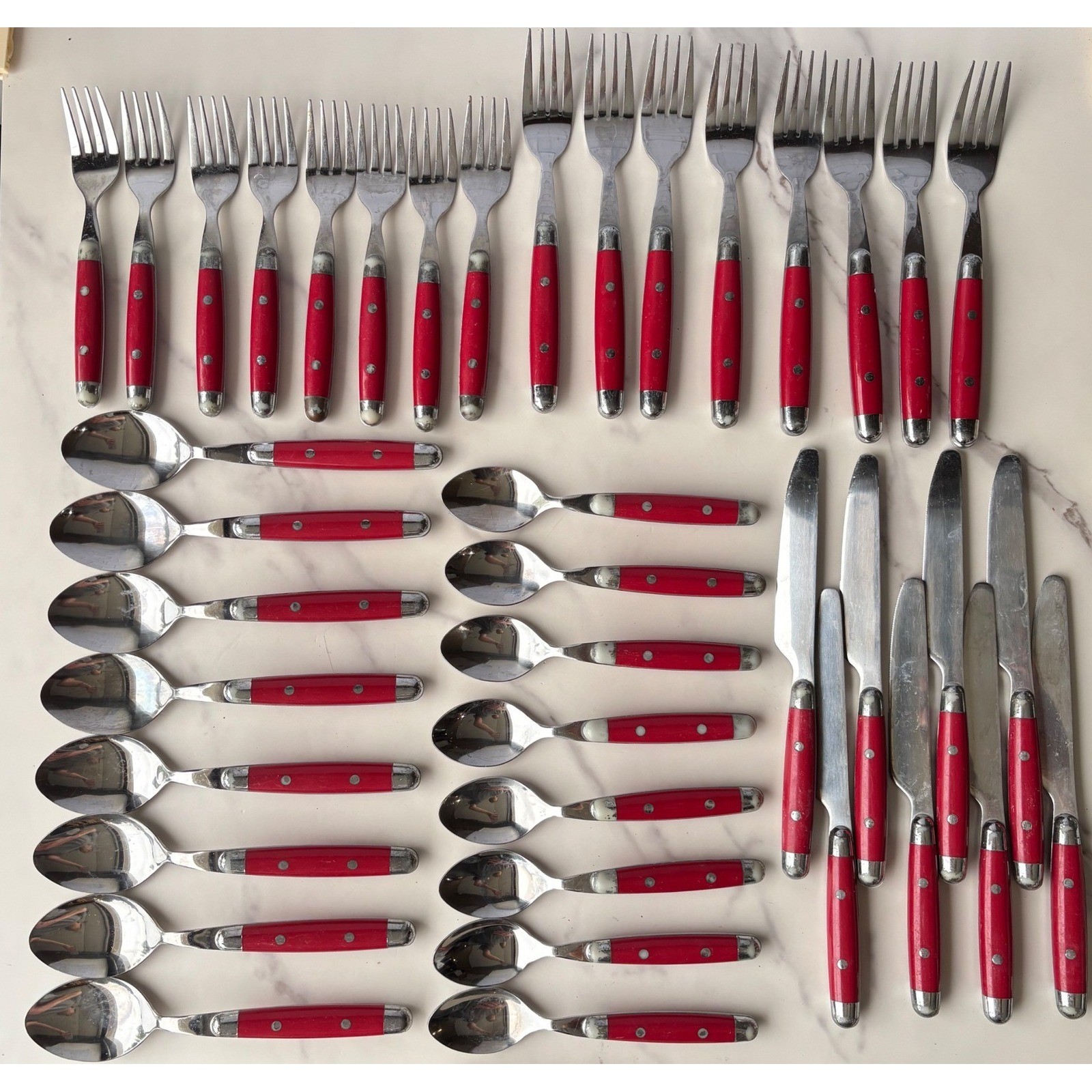 Vintage Red Riveted Flatware Set 40 Pieces Mixed Forks Spoons Knives Farmhouse gallery