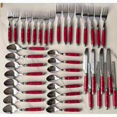 Vintage Red Riveted Flatware Set 40 Pieces Mixed Forks Spoons Knives Farmhouse