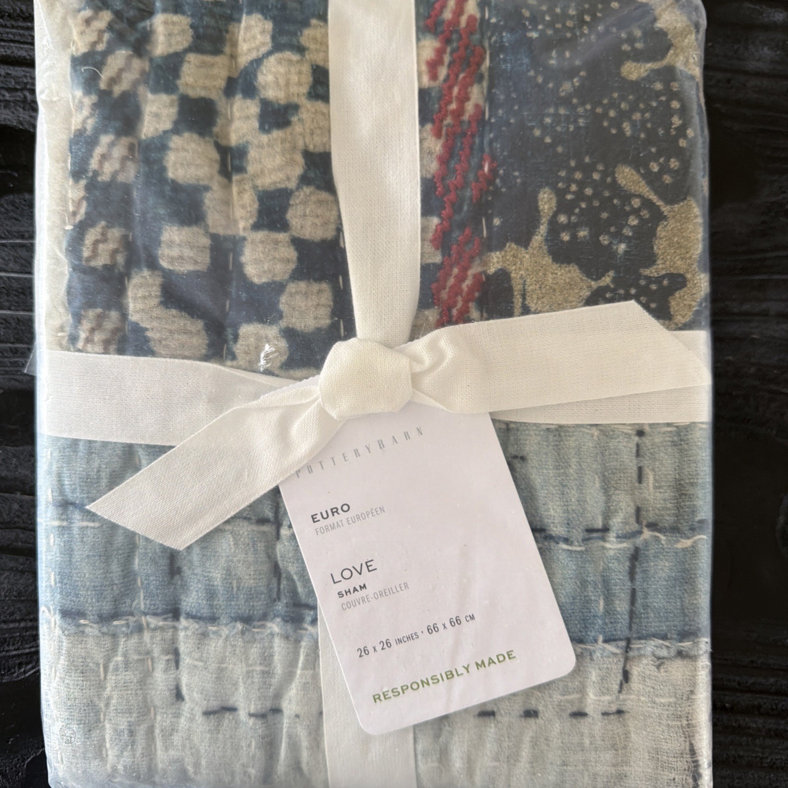 POTTERY BARN LOVE REVERSIBLE HANDCRAFTED QUILTED PILLOW SHAM, EURO ~ BLUE New gallery