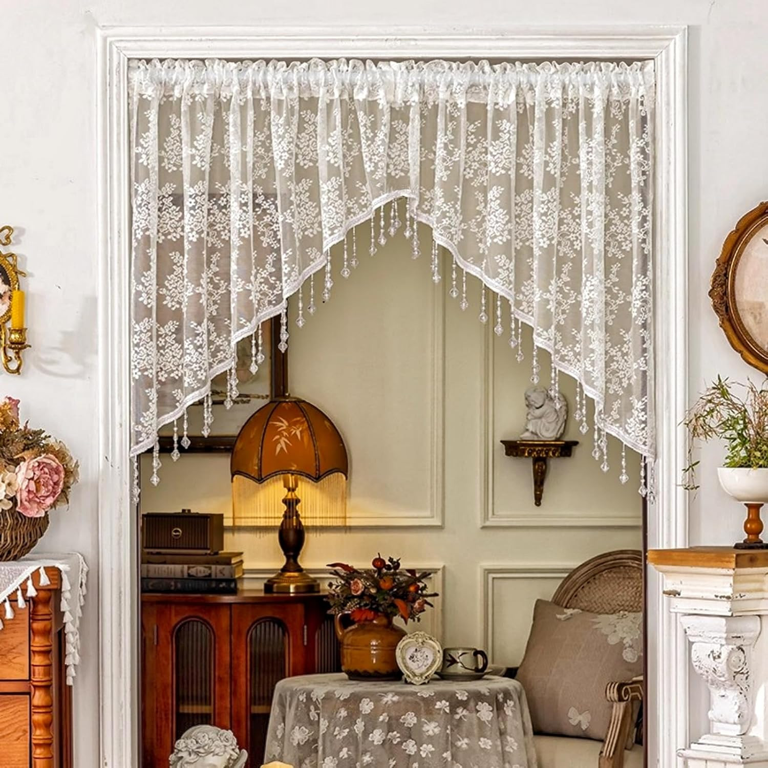 off White Lace Kitchen Curtain Swag Floral Sheer Curtain Valance Door Panel gallery