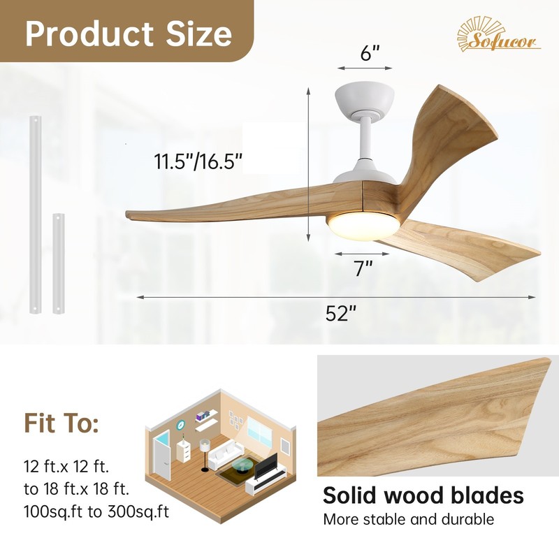 Sofucor 3 Solid Wood Ceiling Fan with Lights and Remote 3 Downrods High CFM Fan gallery