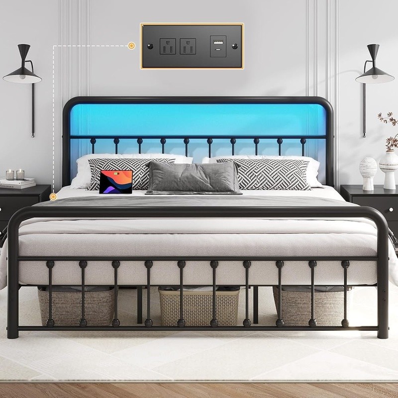 Multifunctional Bed Frame W/ Charging Station LED Lights Iron Squeak Resistant