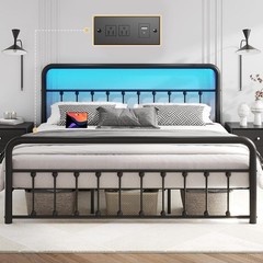 Multifunctional Bed Frame W/ Charging Station LED Lights Iron Squeak Resistant