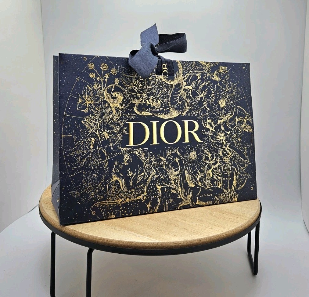 NEW CHRISTIAN DIOR Limited Edition Holiday Gift Bag Ribbon Navy Blue & Gold gallery