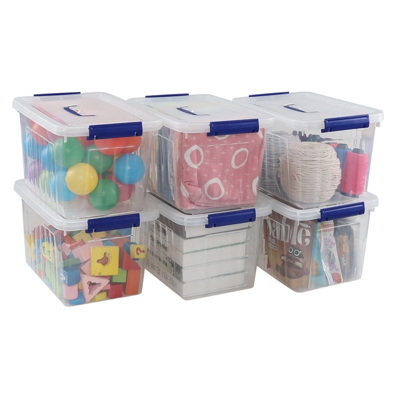 Cand 12 Qt Clear Plastic Stackable Storage Bin w/ Blue Latch Lid, (6 Pack) gallery