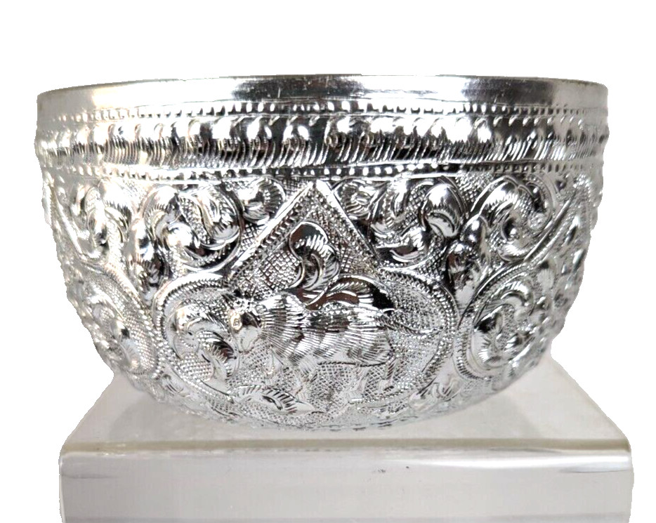 Very Ornate Vintage Thai Design Silver Plate Offering Bowl 5" Signed on Bottom gallery