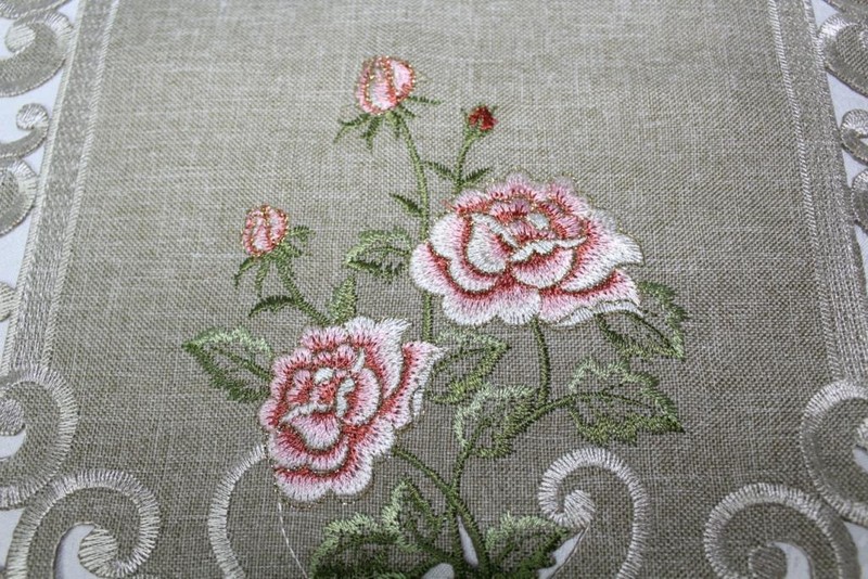 Doily Boutique Table Runner, Doily, Mantel Scarf with Pink Rose on Green Burlap gallery