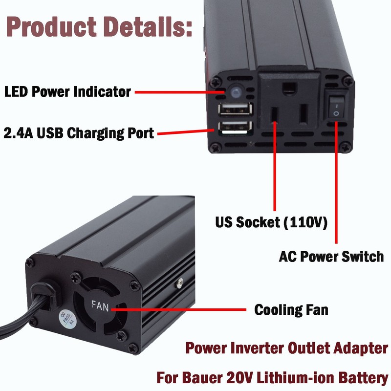 Power Inverter Outlet Adapter For Bauer 20V Battery to AC 110V Dual USB Portable gallery