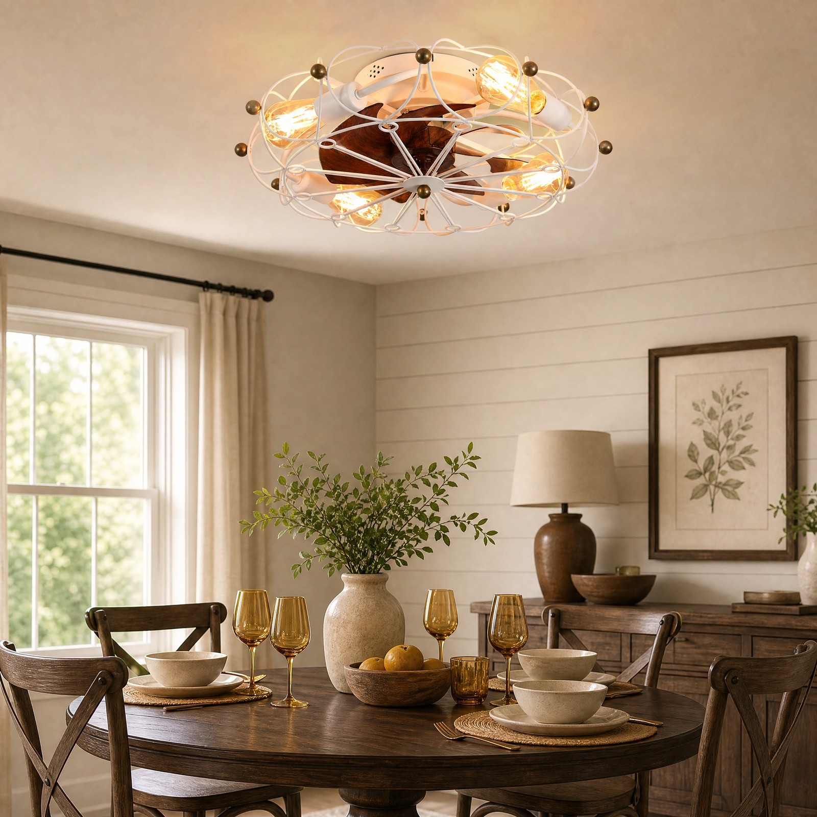 20 inch White Modern Caged LED Ceiling Fan with Light Flush Mount Remote Control gallery