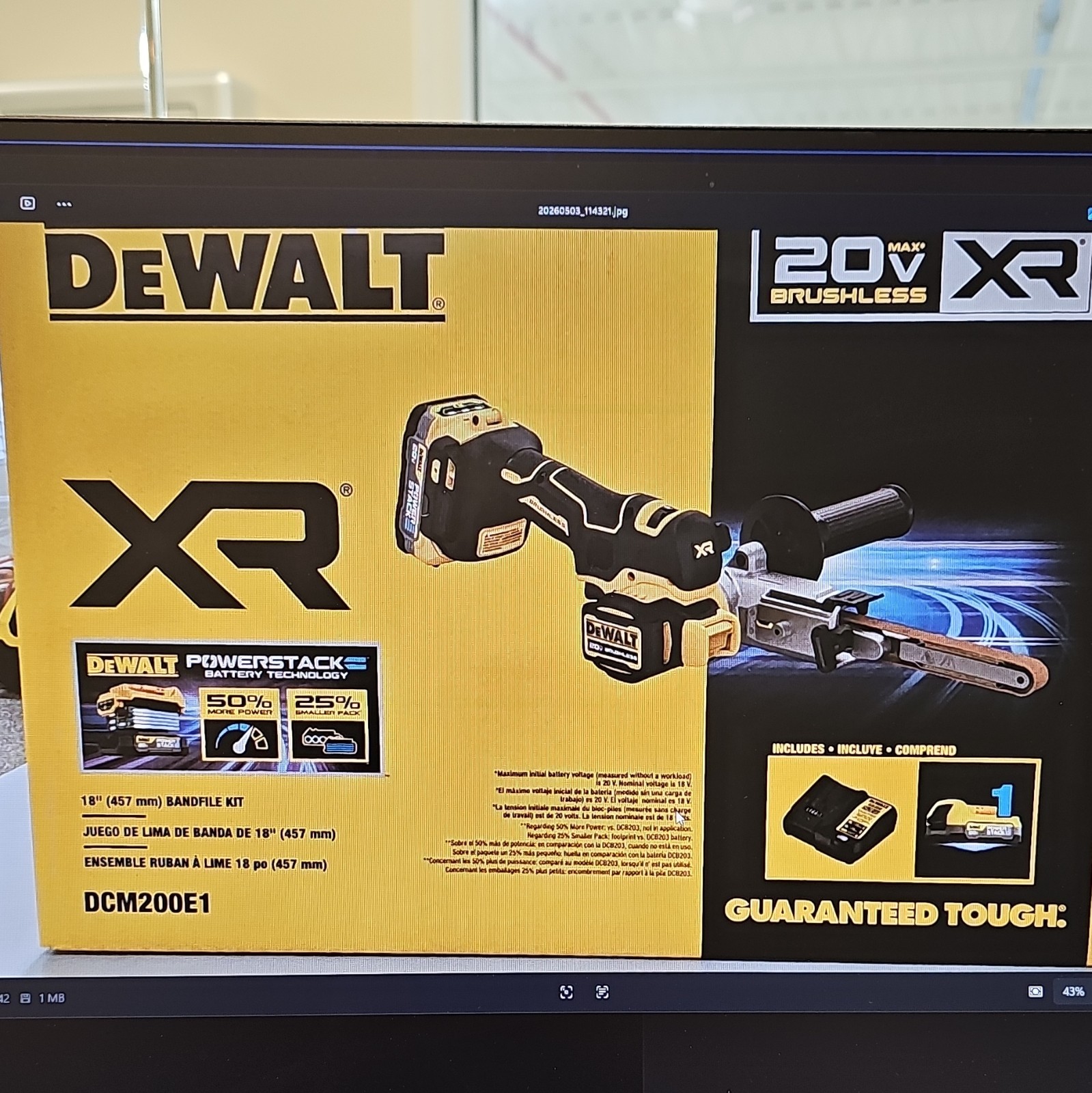 DEWALT XR 20V Brushless Bandfile Kit DCM200E1 Powerstack Battery Included gallery