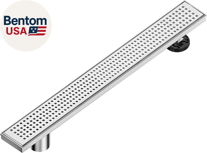 24-Inch Offset Side Outlet Linear Shower Drain with Quadrato Pattern Grate Cover gallery