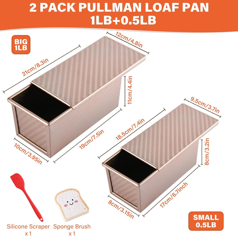 2 Pack Pullman Loaf Pan with Lid, 1 Lb/0.5 Lb Dough Capacity for Homemade Bread gallery