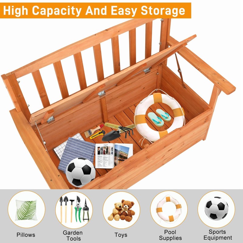 Wooden Storage Bench Deck Box Outdoor Seating with Backrest Armrest for Patio gallery