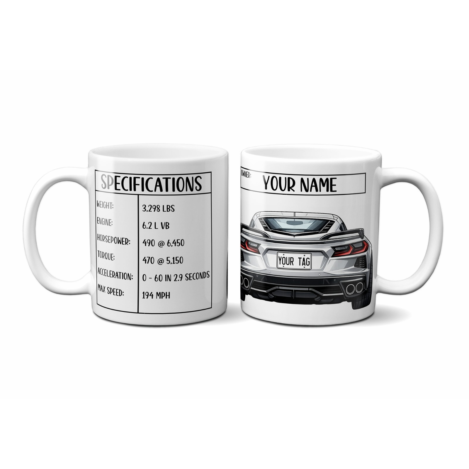 Personalized C8 Corvette inspired Sports Car Coffee Mug, 11oz, Name and Tag gallery