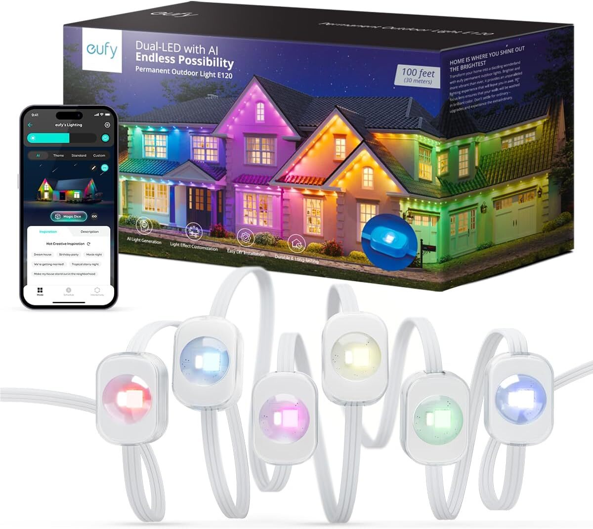 eufy Permanent Outdoor Light 100ft 60 Dual-LED RGB App Control AI Light |Refurb gallery