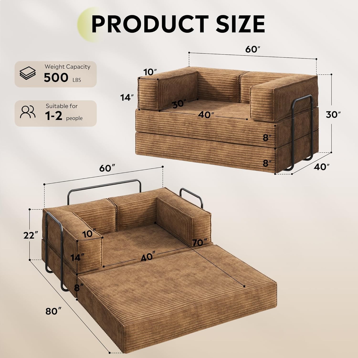 60'' Futon Sofa Bed Convertible Sleeper Sofa Folding Pull Out Couch Boneless gallery