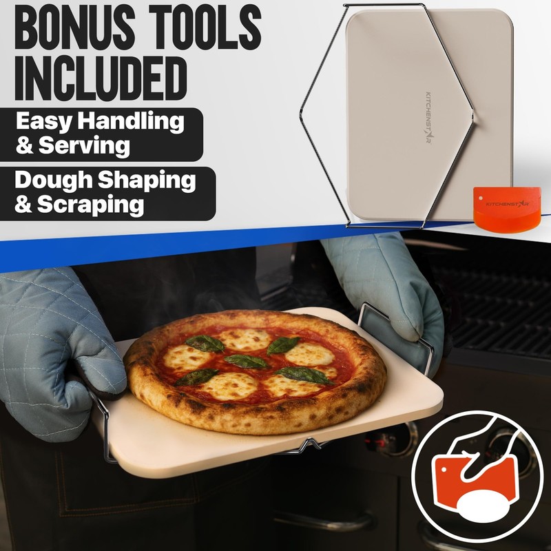 15x12 Inch Rectangular Cordierite Pizza Stone Handles Rack Scraper Set gallery