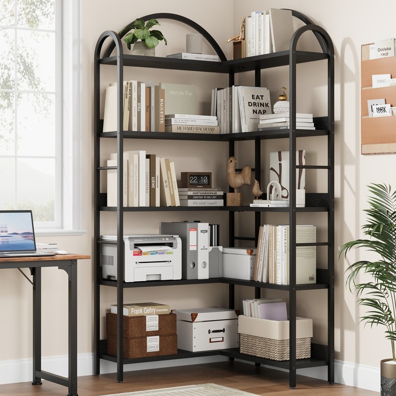 5-Tier Large Arched L-Shaped Corner Bookcase Storage Display Shelf Black gallery