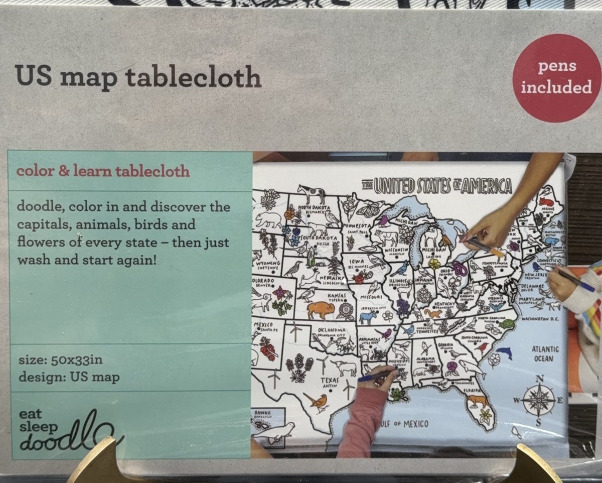 Educational Color & Learn US Map Tablecloth 50”x33” w/Markers Eat Sleep Doodle gallery