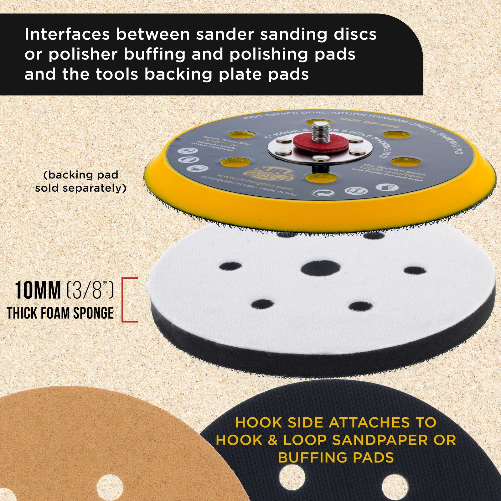 2 Dura-Gold 6" 10mm Soft Density Interface Pads, Hook & Loop, 6 + 1 Hole Pattern gallery