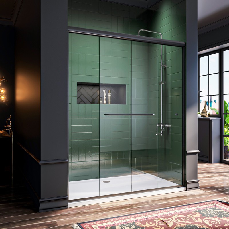 ELEGANT Semi-Frameless Sliding Shower Door 54" x 72" Bypass Matte Black Finish gallery