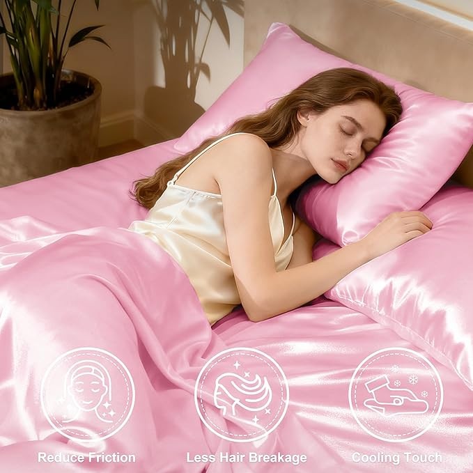 4 Piece Queen Satin Sheets Set Pink Silky Bed w/ Deep Pocket Luxury Ultra-Soft gallery