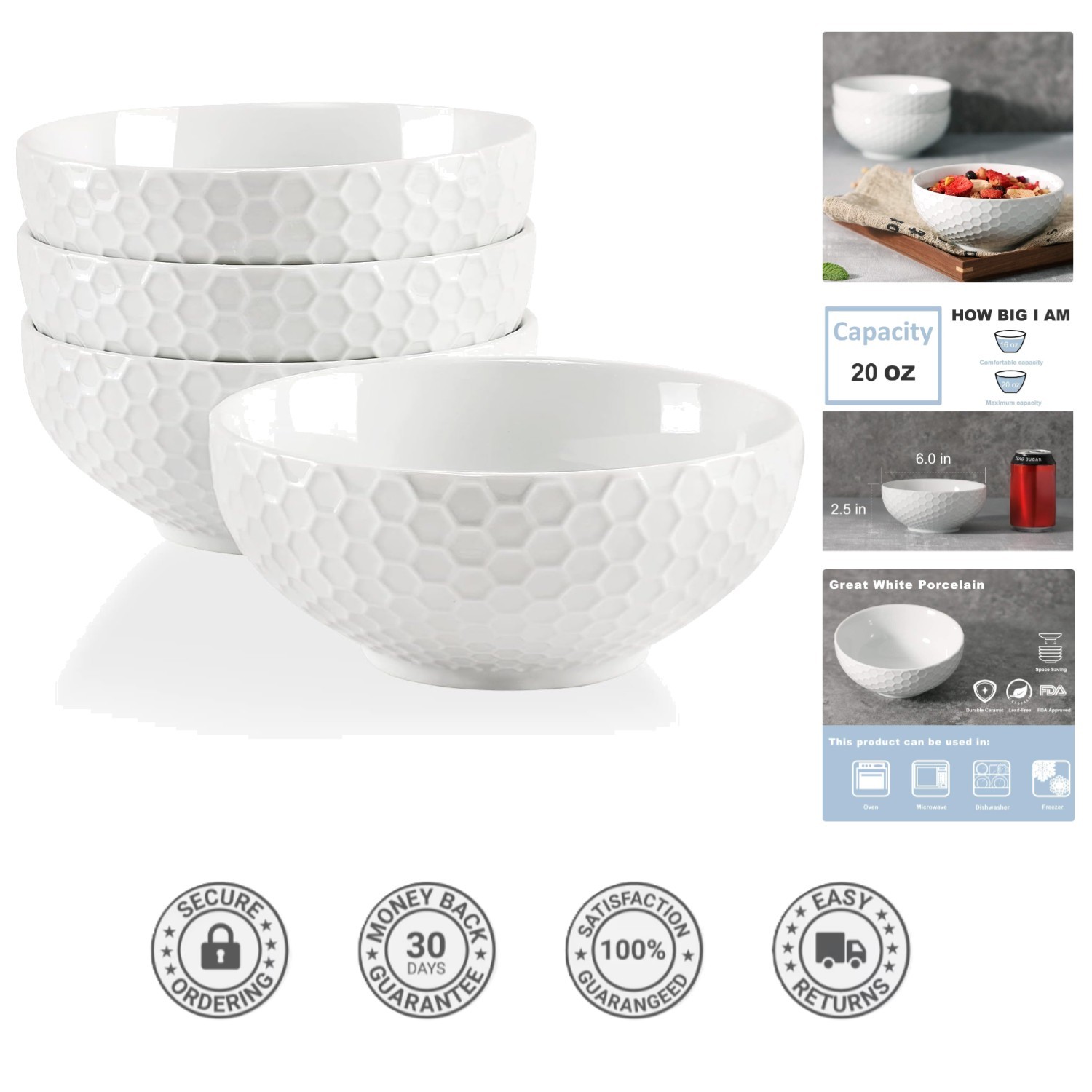 Timeless 6 Inch White Bowls Set, 20oz Capacity - Ideal for Gifting and Dining gallery