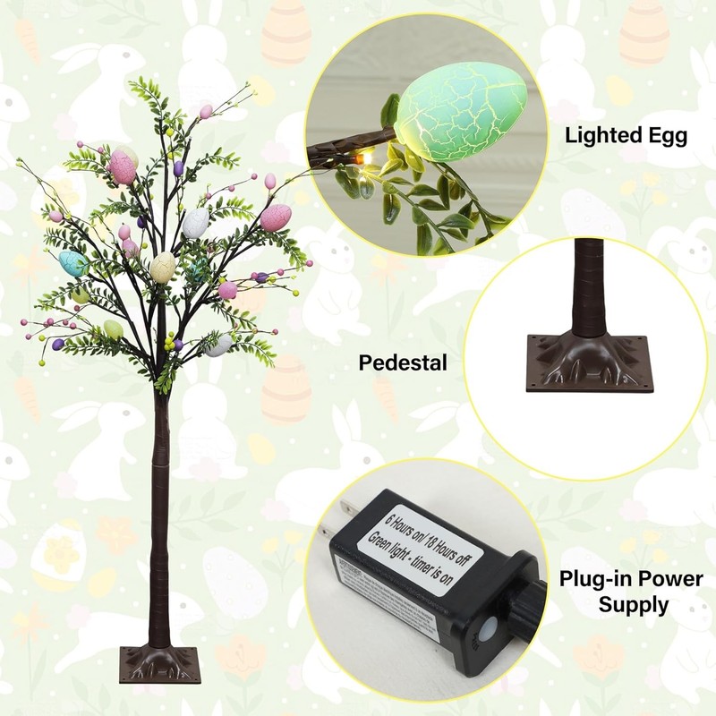 4FT Lighted Easter Tree with Timer, Pre-Lit Artificial Egg Trees with Co gallery