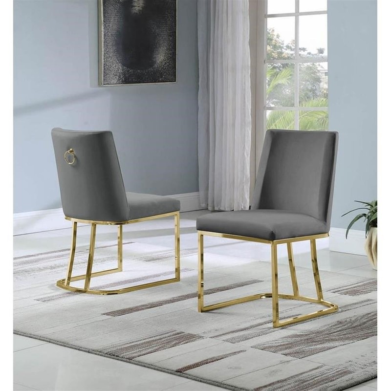 Double Minimalistic Dark Gray Velvet Side Chairs with Gold Chrome Legs gallery